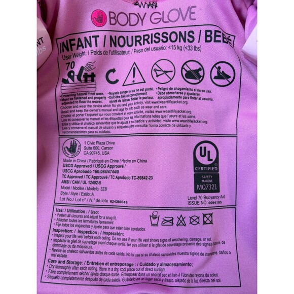Body Glove Infant Life Vest Pink/Purple USCG Approved  33 lbs Child PFD - Picture 3 of 6